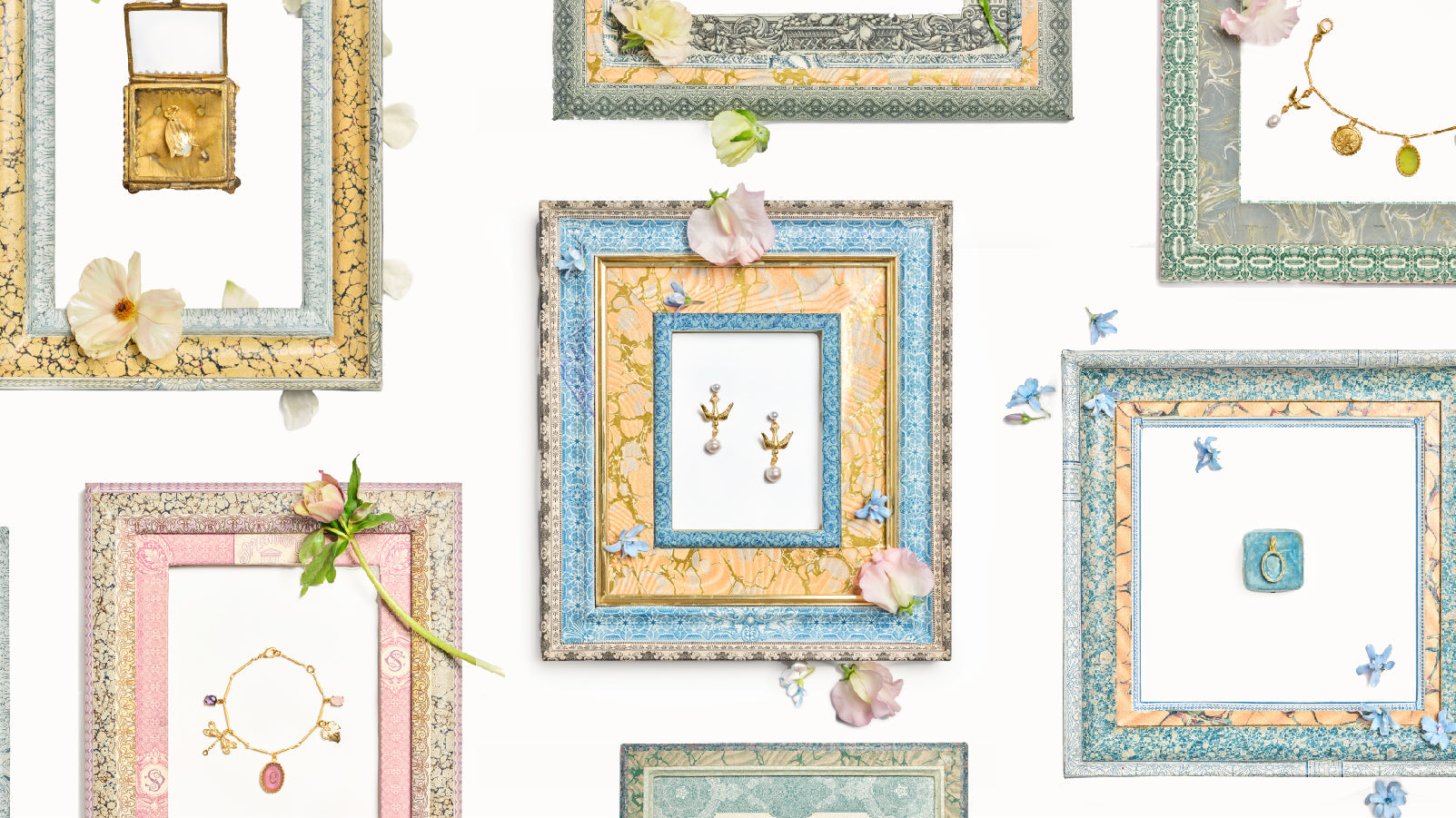 Gold jewlery in handmade colorful frames